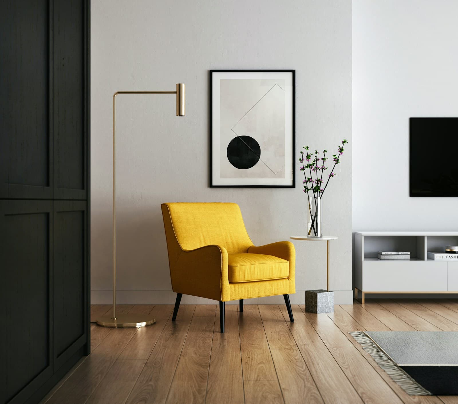 Clean Scandinavian living room with natural oak furniture and minimalist styling