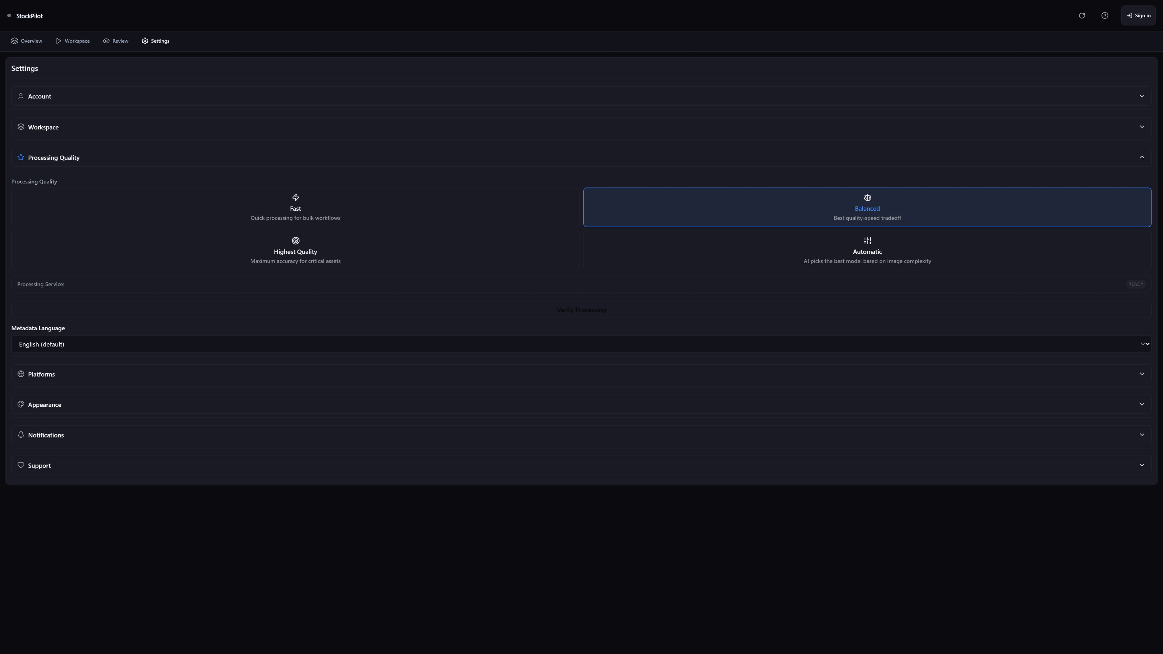 StockPilot AI extension settings view with marketplace and model preferences