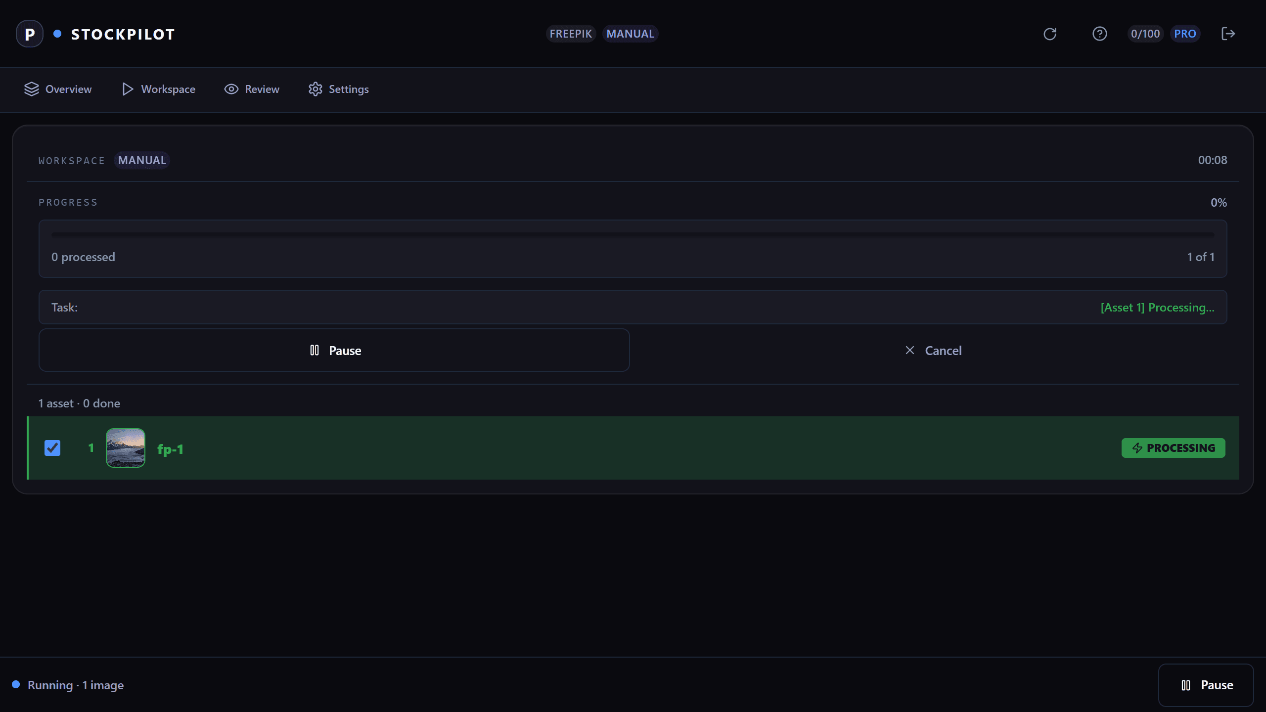 StockPilot AI extension panel showing generated title, description, and keywords for a stock photograph